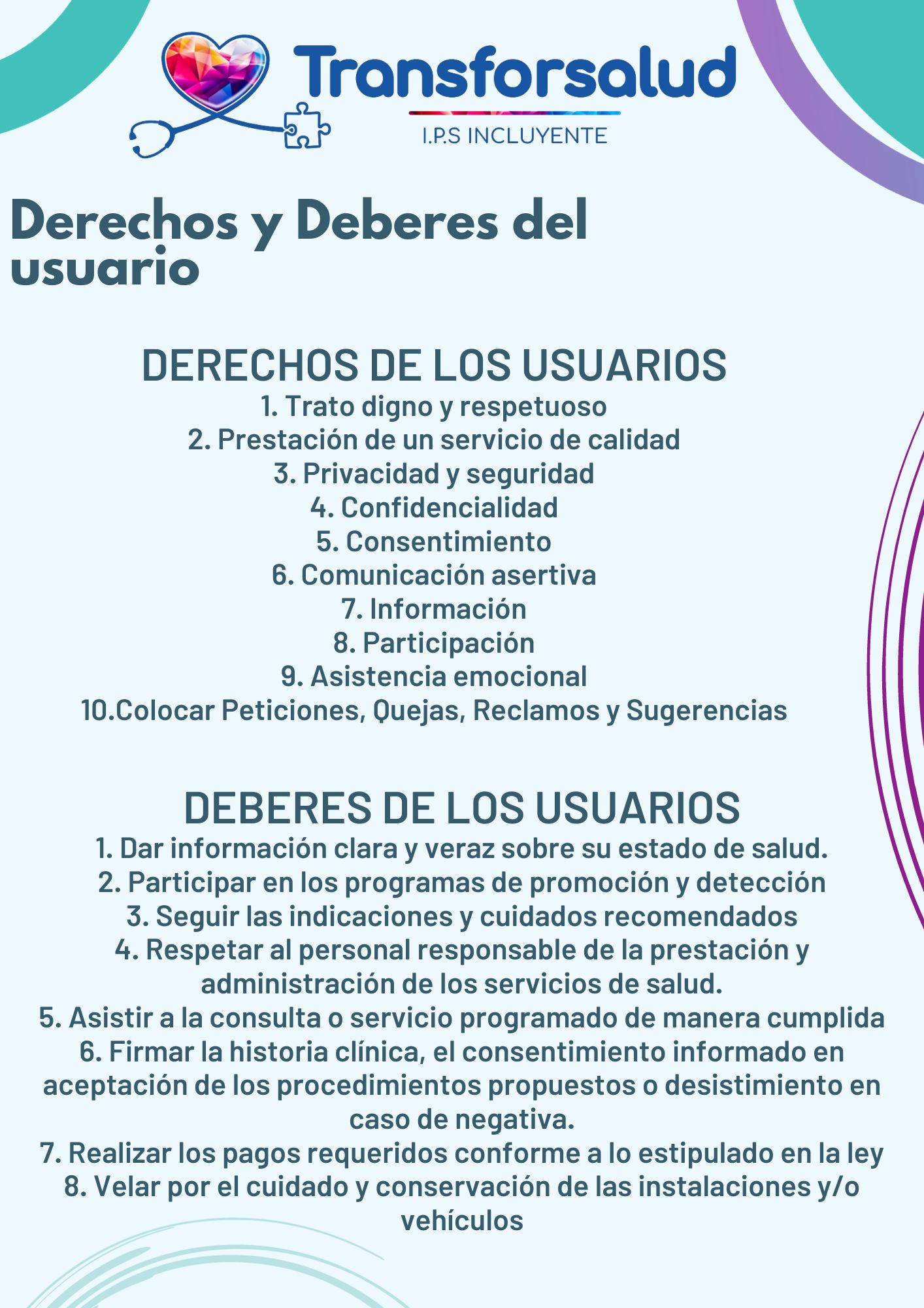DERECHOS Y DEBERES DE LOS USUARIOS Transforsalud IPS Incluyente Ibague, Colombia
